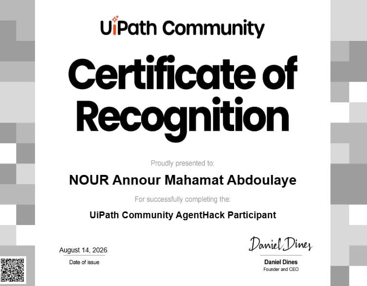 Certificat : Certificate of Recognition — UiPath Community AgentHack Participant