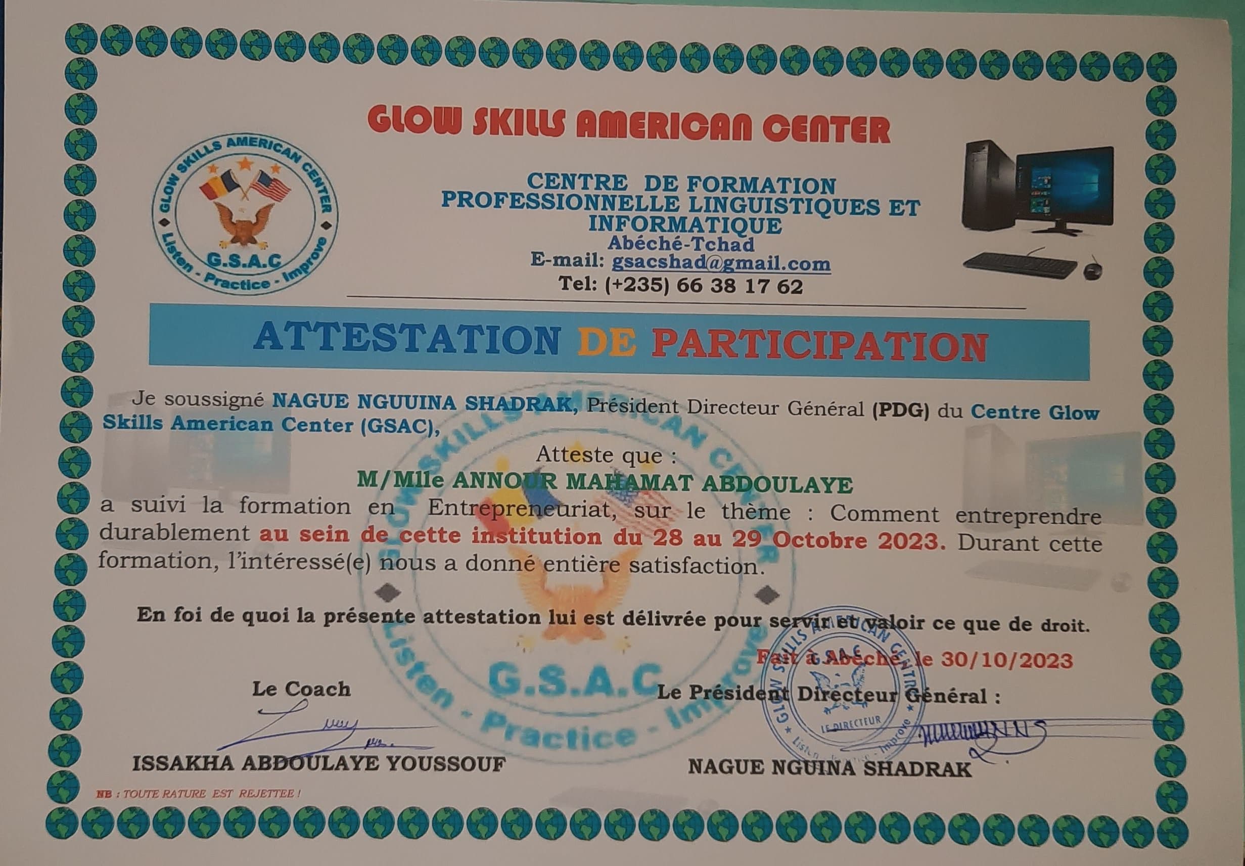 Certificat : Attestation de Participation — Comment entreprendre durablement